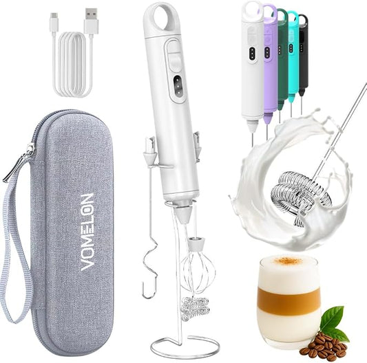 Rechargeable Milk Frother Handheld 3 Speed Coffee Foamer [3 Whisk] Electric Drink Mixer for Latte, Cappuccino, Coffee, Eggs, Hot Chocolate, White
