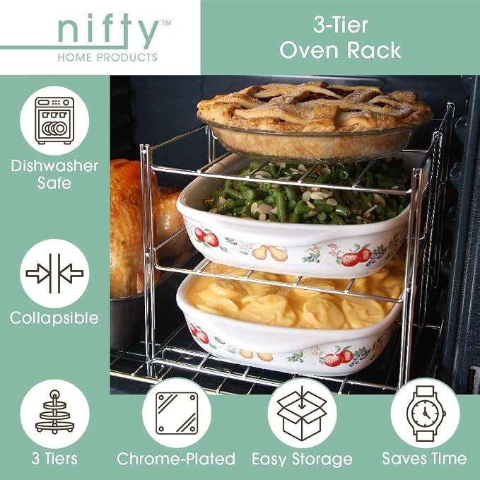 Nifty 3-Tier Oven Rack – Non-Stick, Dishwasher Safe, Use for Cooking Casseroles, Compact Collapsible Kitchen Storage, Chrome-Plated Steel Construction
