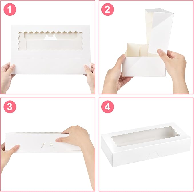 Kucoele Cookie Boxes with Window, 30 PCS, 12.5 x 5.5 x 2.5 Inches, White | Auto-Popup, Bakery Boxes, Treat Boxes, For Chocolate Covered Strawberries, Hot Cocoa Bombs, Pastries, Donuts, Muffins