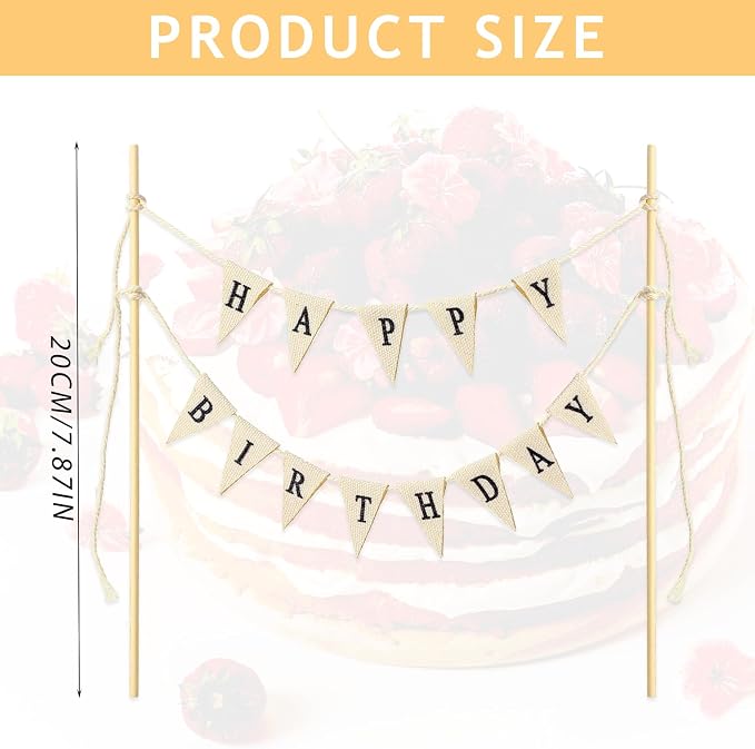 Happy Birthday Cake Toppers Bunting Happy Birthday Cake Banner Garland | Happy Birthday Sign For Cake Decoration Happy Birthday Topper For Bouquet With Wood Pole Beige