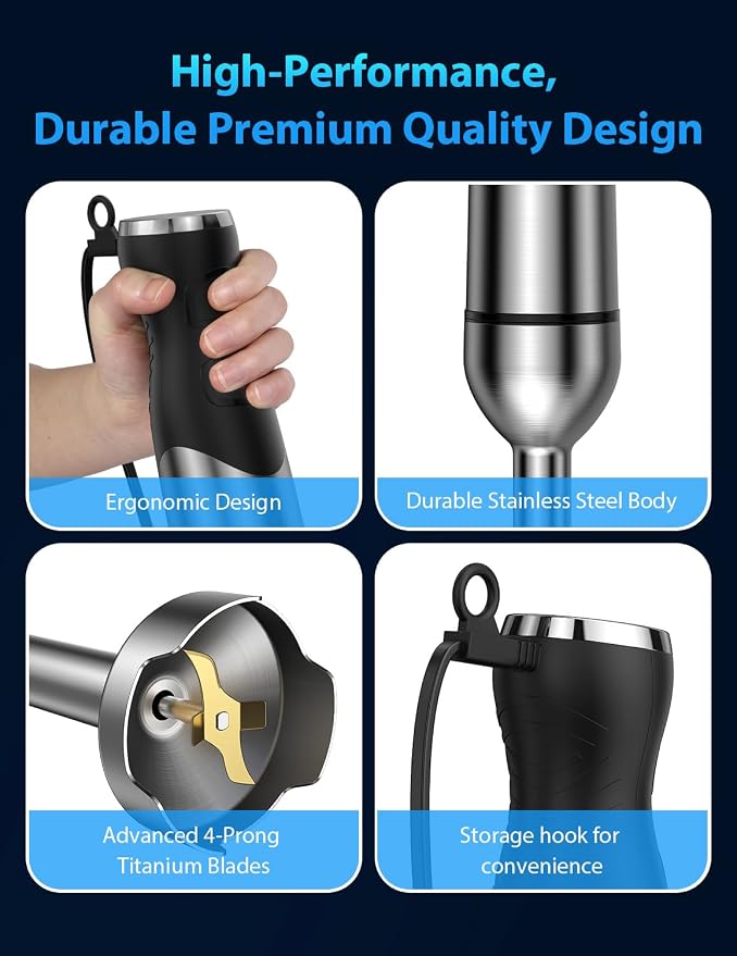 1000W Immersion Blender, Smart Hand Blender with Intuitive LED Light & 25-Speed Control, Heavy Duty Handheld Stick Blender for Smoothies, Baby Food, Purees, Soups
