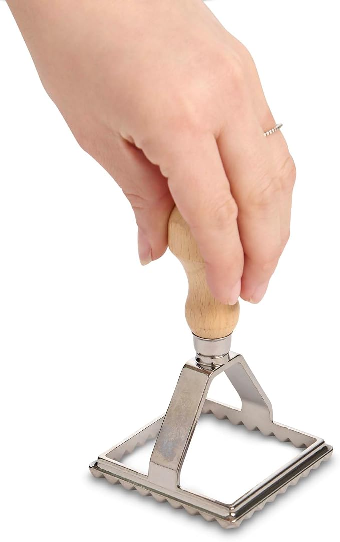 Fantes Ravioli Maker Stamp Set, Square Stamp with Wooden Handle and Fluted Edge, 2.75-Inch, The Italian Market Original since 1906
