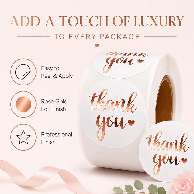 White Rose Gold Thank You Stickers roll, 500 Labels Roll, 1.5 Inch Round Self Adhesive Stickers for Packaging, Envelopes, Bags, Boxes & Wedding Favors