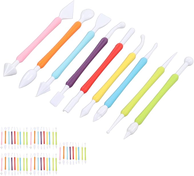 Fydun 45 Pieces Cake Decorating Tools, Rainbow Color PP Cake Carving Knife Tool Baking Fondant Modeling Sculpting Nine Piece Set Set Double End Design Colorful Kit for DIY Baking