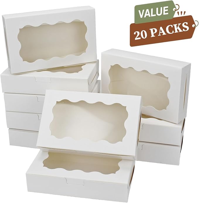 Cookie Boxes with Window White Bakery Boxes 7 x 4.3 x 1.5 Inch Takeout Treat Boxes for Cookies, Donuts, Pastry, Strawberries, Macarons(20PCS)