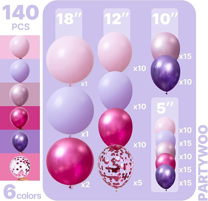 PartyWoo Pink and Purple Balloon Arch Kit Garland 140pcs Different Sizes of 18 12 10 5 Inch Metallic Baby Pink Hot Pink Chrome Light Purple Gold Confetti Balloons for Birthday Party Decorations