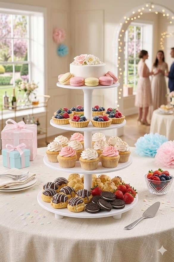 Oasis Supply 4-Tier Cake Stand – White Plastic Tiered Dessert Display Stand, Cupcake Stand for Cakes, Cupcakes, Weddings, Parties & Dessert Table Decorations