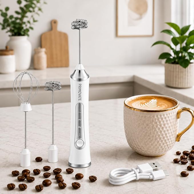 Rechargeable Milk Frother Handheld, Electric Coffee Frother with 2 Whisk, 3-Speed Powerful Drink Mixer, USB-C, Milk Foamer for Coffee, Latte, Cappuccino,Matcha & HotChocolate(White no Stand)