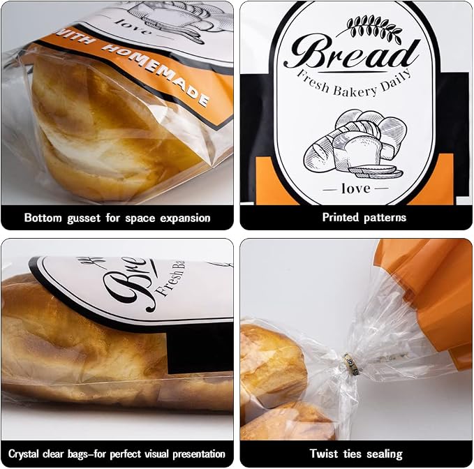 Plastic Bread Bags with Ties, 100 Pack Clear Loaf Bag for Homemade Bread - 9.8 * 18 * 3 inch (Orange)