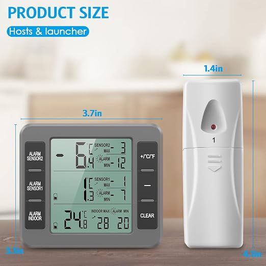 AMIR Upgraded Refrigerator Thermometer, Wireless Indoor Outdoor Thermometer, Sensor Temperature Monitor with Audible Alarm Temperature Gauge for Freezer Kitchen Home (Battery not Included, Grey)