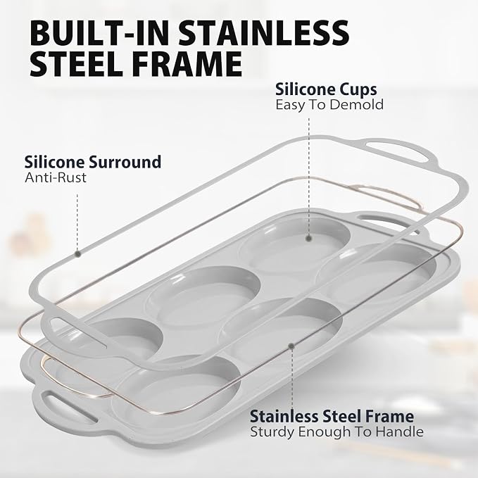 4 Inch Jumbo Silicone Muffin Top Pan with Metal Frame, Non Stick Silicon Egg Mold for Oven, Large Whoopie Pie Baking Pan with Handle for English Breakfast Sandwich, Egg Bite, Bun Tart,Light Grey