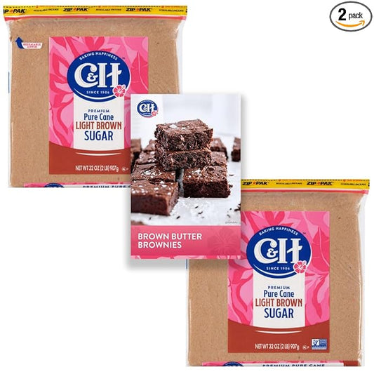 C&H® Light Brown Sugar, 2 lb Zipper Bag (2-Pack) - Ideal Sugar for Baking and Desserts - Includes Bonus Recipe Card