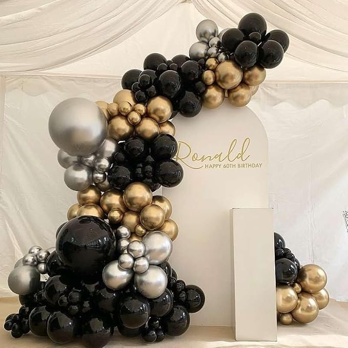 Black Gold and Silver Balloon Arch Garland Kit 153pcs with Star, 22 18 12 10 5in Different Size Black Gold Sliver Balloons for Birthday Anniversary 2026 Graduation New Year Party Decoration