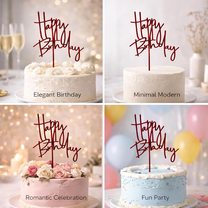 Acrylic Birthday Cake Topper - 5.3'' x 7.2'' Red Happy Birthday Sign for Party Supplies, Cake Decorations and Anniversary