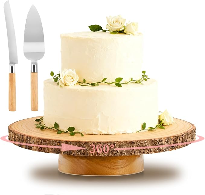 Rotating Wooden Cake Stand, 12 Inch Rustic Cake Display Stand with Cake Cutting Knife & Server Set, Round Dessert Serving Tray for Wedding, Birthday, Bridal Shower, Baby Shower & Holiday Party Decor