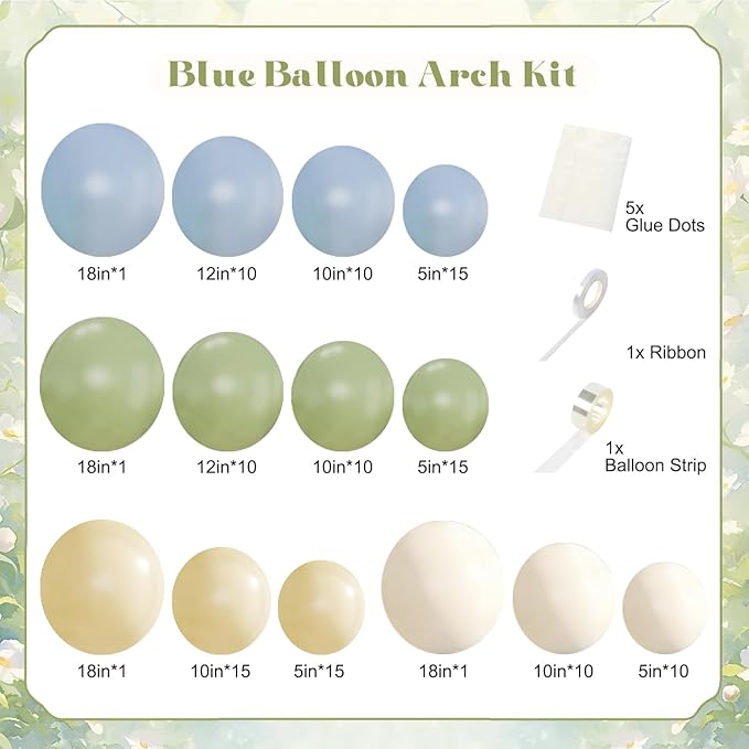 Sage Green Dusty Blue Yellow Pastel Balloon Arch Kit, 124Pcs Double Stuffed Yellow Green Dusty Blue Sand White Balloons for Baby Shower Wedding Bridal Birthday Gender Reveal Party Decorations