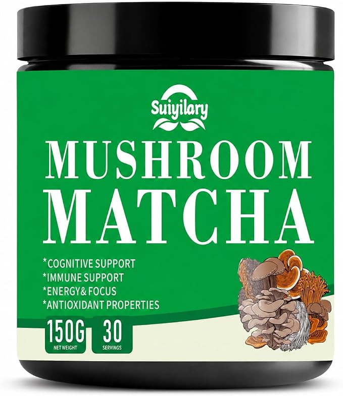 Suiyilary Mushroom Matcha, Ceremonial Matcha Tea Powder with 7 Superfood Mushrooms, Gluten Free, Taste Great Hot or Cold Matcha Latter - 150g 30 Serving
