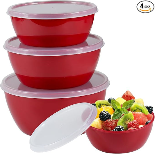 Small Classic Plastic Prep Bowls with Lids, Set of 4, Microwave and Dishwasher Safe (Red)