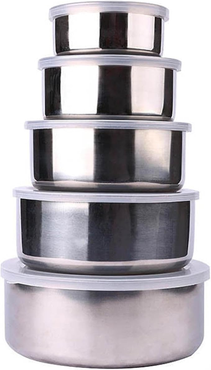 Stainless Steel Mixing Bowl Set of 5, Nesting Mixing Bowl with Clear Plastic Lid, Rice Soup Bowls Durable & Reusable, Food Container for Prepping Serving Storing