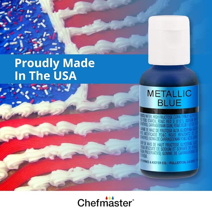 Chefmaster 6-Bottle Set of Metallic Airbrush Food Coloring, Rich Colors, Edible Glitter, Professional-Grade Dye for Icing, Frosting, Fondant, Chocolate, Made in USA, 0.67 oz Each