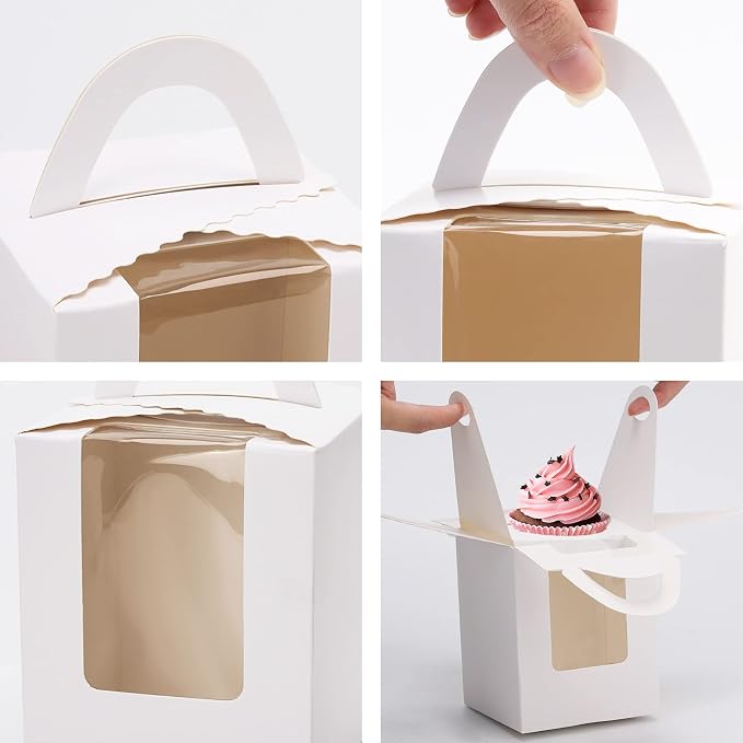 acDesign 100Pcs Cupcake Boxes With Window 3.6in*3.6in*4.3in Cupcake Carrier Individual With Handle and Inserts for Wedding Bakery Wrapping Party Favor Packing(White)