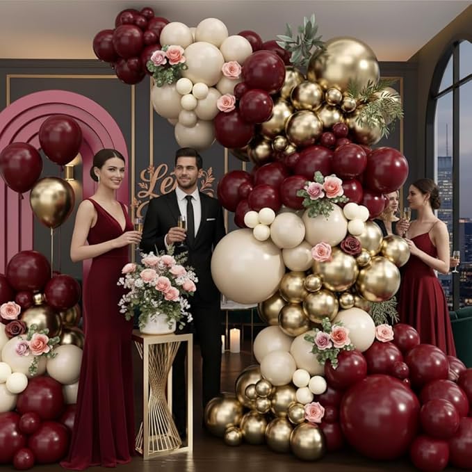 Burgundy Balloon Arch Garland Kit 163pcs, Burgundy Maroon Sand White Metallic Gold Latex Balloons Arch Kit for Birthday Graduation Maroon Wedding Valentines Day Anniversary Party Decorations