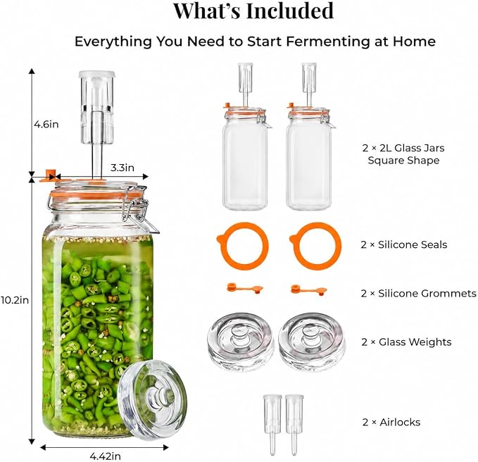 Fermentation Jars, 2L Fermenting Kit With Glass Weights, 2-Pack | Wide-Mouth 2L Glass Jar With Self-Venting Airlock, Ideal For Sauerkraut, Kimchi, Pickles And Other Homemade Ferments