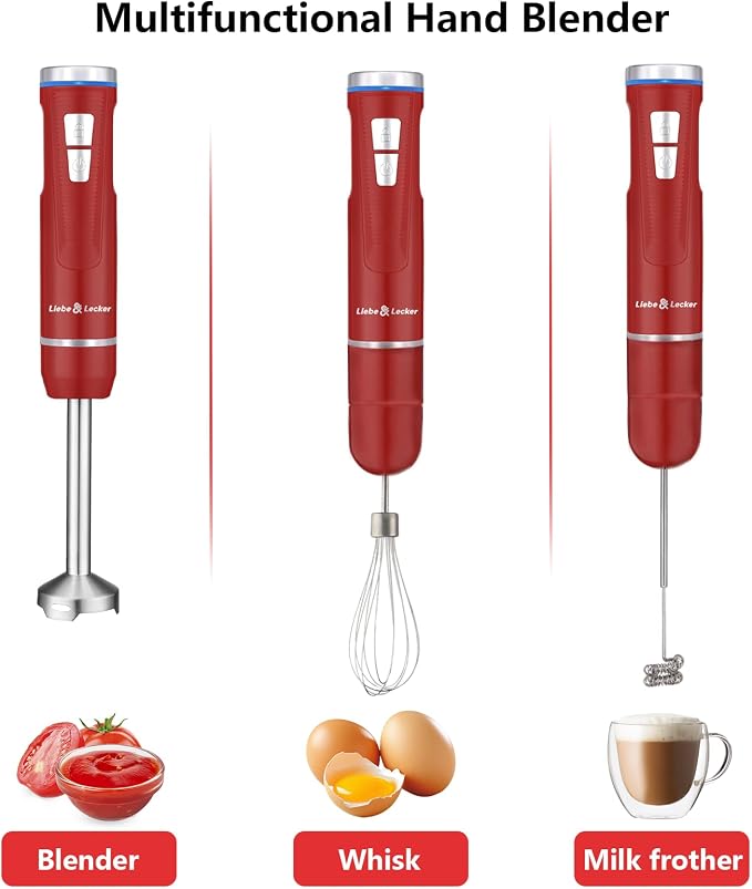 Liebe&Lecker Cordless Immersion Blender, 3-in-1 Handheld Stick Blender | Rechargeable Electric Mixer Set with Whisk & Milk Frother, 8-Speed Hand Blender for Shakes, Soups, Coffee, Zero BPA (Red)
