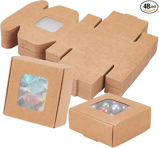 BENECREAT 48 Packs 2.17x2.17x0.98 Inch Brown Kraft Paper Box with Clear Windows Foldable Paper Gift Box Goodies Candy Box Dessert Box for Party Wedding Bakery Packaging
