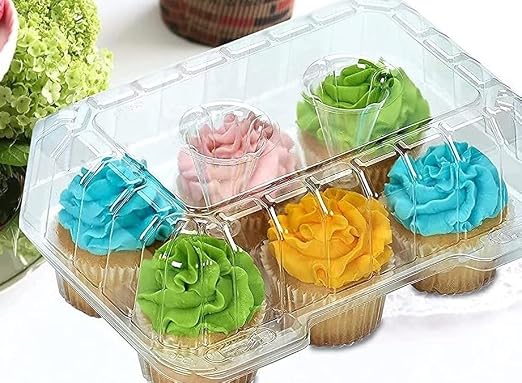 Decony Cupcake Boxes 6 Count [ MADE IN USA ]- Clear Plastic Cupcake Containers with 4" High Dome Lid- Durable Cupcake Holders- Each Cup Cake Box Holds 6 Cupcakes- 12 Pack