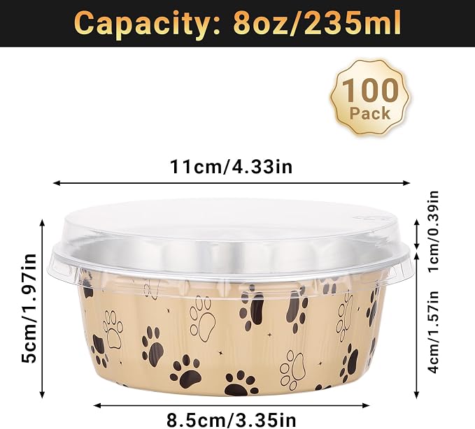 Beasea Disposable Baking Cups with Lids, 100 Pack 8oz Aluminum Foil Ramekins with Lids, Cute 235ml Creme Brulee Muffin Cupcake Mini Pudding Baking Cups Tin for Party Birthday - Cat Claws