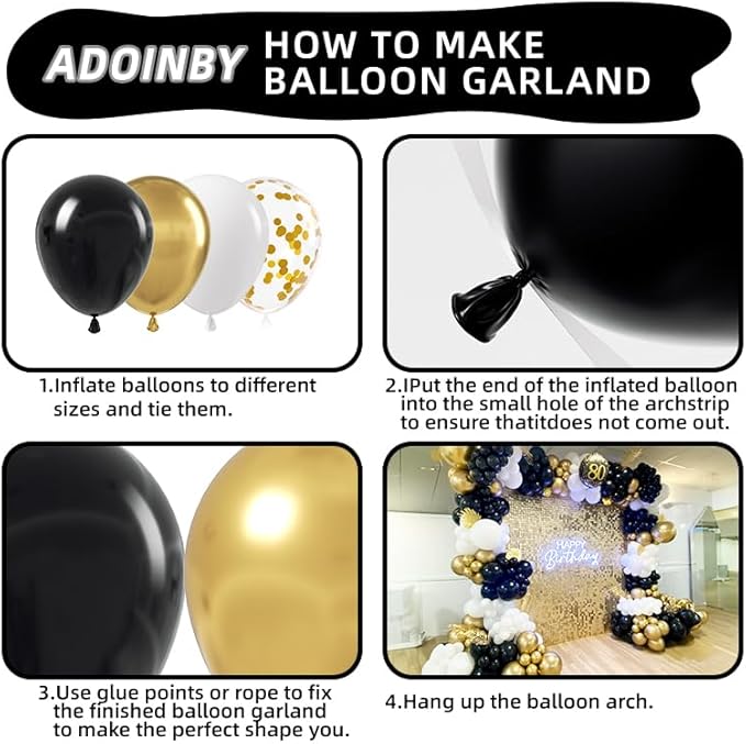 Black and Gold Balloon Arch Kit, ADOINBY 140Pcs Black White Metallic Gold Confetti Latex Balloons 18 12 10 5 Inch Different Size Balloons for Birthday Anniversary Graduation Wedding Party Decorations