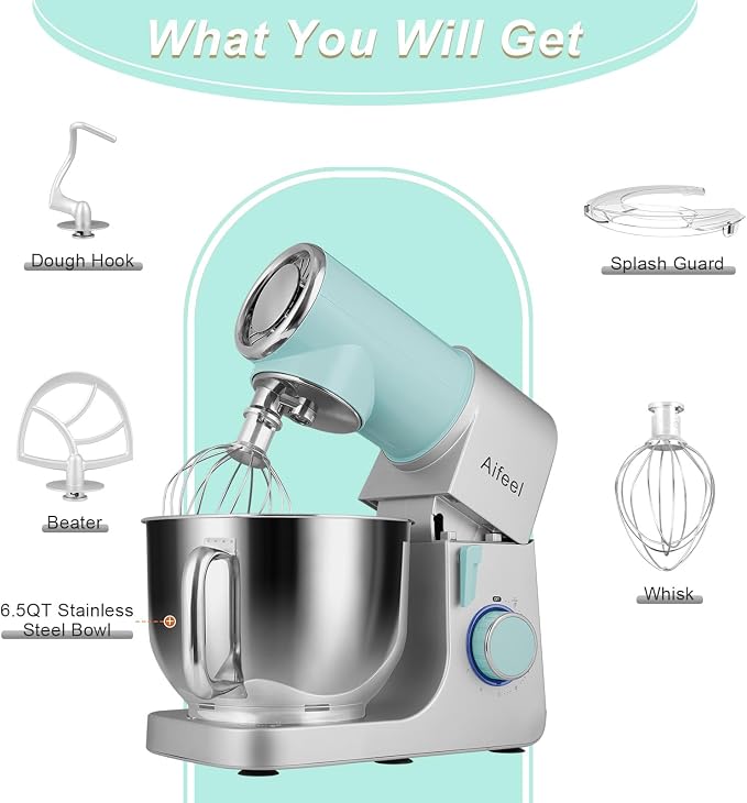 Stand Mixer,6.5QT Tilt-Head Electric Stand Mixer,700W DC Motor with Low Noise,Kitchen Mixer with Dough Hook,Beater,Whisk,Dishwasher-Safe Attachments for Baking(Green/Silver)