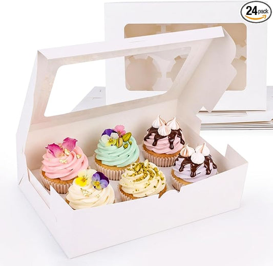 HONEYGIFTS 6 Count White Cupcake Boxes, 6 Sets Cupcake Carrier with Window Boxes Holding 36 Pastry Box for Birthday Holiday Party Bakery Supplies