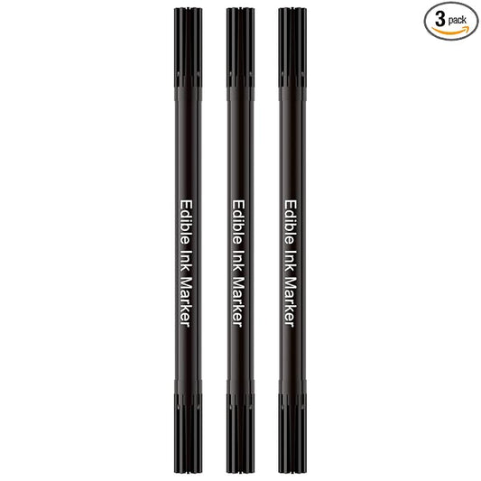 Edible Markers for Cookie Decorating, Food Coloring Marker, Upgrade Double Side Food Grade Pens for Decorating Fondant Cakes, Easter Eggs, Macaron, Frosting (3 Black Count（Pack of 1))