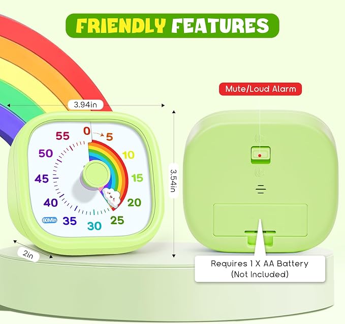 HIPPIH Visual Timer for Kids - 60 Minute Pomodoro Timers for Classroom Kitchen Office, Countdown Kids Timer Clock with Rainbow Disk, Desk Time Management Tool for Toddler with Silent Operation, Green