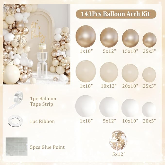 White Sand Champagne Gold Balloon Arch Kit, 143Pcs Metallic Champagne Gold Neutral Balloons Garland Arch Kit Confetti Balloons for First Communion Anniversary Engagement Wedding Birthday Decorations