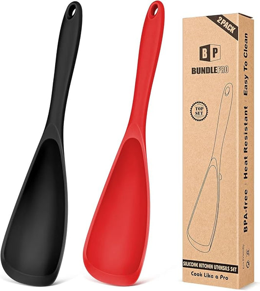 Pack of 2 Cooking Spoons for Non Stick Cookware, Multifunction Spatula Spoon BPA-Free, One-Piece Design, Suitable for Scooping, Scraping, Serving and Mixing(BLACK-RED)