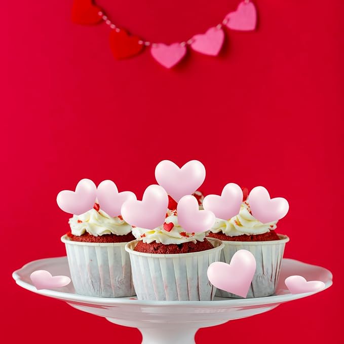 44PCS Edible Valentines Day 3d Heart Cupcake Toppers Pink Glitter Heart Cupcake Picks Happy Valentine's Day Heart Cake Decor for Valentine's Day Theme Party Decoration Supplies