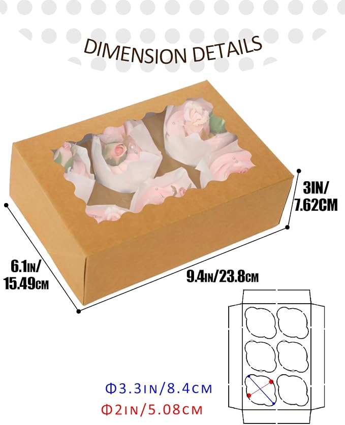 qiqee Auto-pop Up Cupcake Boxes with Window Brown 100PCS 6 Count Cupcake Box 9.4"x6.1"x3" Cupcakes Carrier, 6 Cupcake Containers