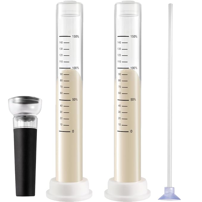 Aliquot Method Jar Sourdough Fermentation Tracker - 2 Pack Objective Measure of Dough Rise, Gift for Bakers, Bread Proofing, Beginners with Filling Pump, Discharging applicator, Silicon Base, Lid