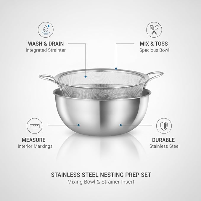 Stainless Steel Mixing Bowl Set with Nested Strainer, 2-in-1 Prep Basin for Washing, Draining, and Mixing