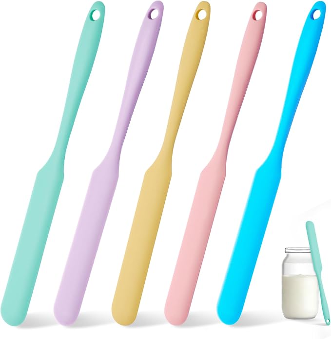 5 Pcs Silicone Jar Spatula Set, Sourdough Spurtle, Jar Scraper, Long Handle Thin Spatulas, Perfect for Jars, Bottles, Containers, Mixing, Scraping, Spreading Jam, Cake Icing and Sourdough Tools. (5)