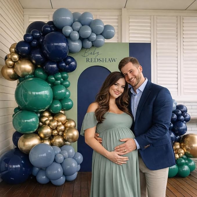 Green and Navy Blue Balloon Arch Kit, Dusty Dark Blue and Sage Green Gold Balloon Garland Kit for Boys Luxury Bear Baby Shower Jungle Safari Mens Birthday Xmas Party Decorations
