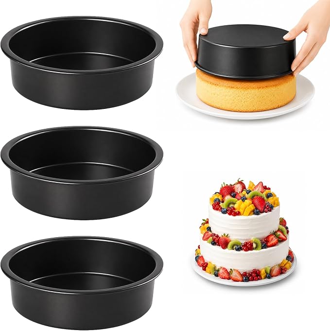 6 Inch Round Cake Pans Set of 3, Heavy-Duty Carbon Steel Baking Pans for Layered Birthday Cakes, Non-Stick Professional Circle Smash Cake Tins, Straight Wall & Dishwasher Safe