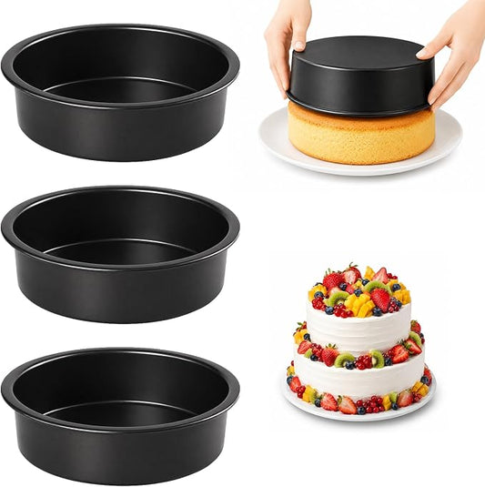 6 Inch Round Cake Pans Set of 3, Heavy-Duty Carbon Steel Baking Pans for Layered Birthday Cakes, Non-Stick Professional Circle Smash Cake Tins, Straight Wall & Dishwasher Safe
