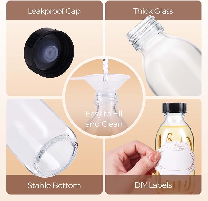 4 oz Small Glass bottles, 4 Pack Empty Clear Juice Glass Bottle with Cap for Homemade Vanilla Extract, Essential Oils, Potion, Syrup, Liquids, Christmas, Holiday Gift