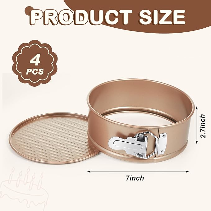 Funnymoom 4 Pcs 7 Inch Non Stick Springform Pan with Removable Bottom Carbon Steel Round Springform Cheesecake Pan with Stainless Steel Spring Buckles for Baking Kitchens Restaurant(Champagne Gold)