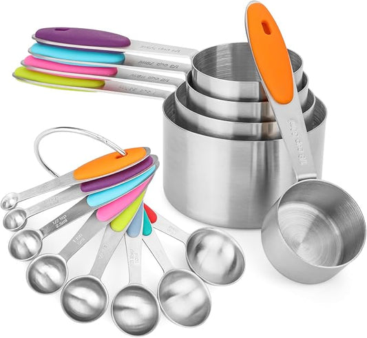 Measuring Cups and Spoons Set of 13 with Silicone Handle, Stainless Steel Nesting Measuring Cups and Spoons For Baking & Cooking (Colorful)