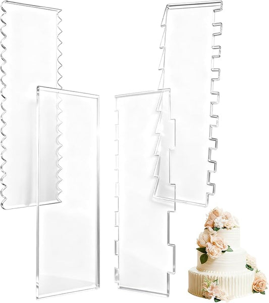 4 Pieces Acrylic Cake Scraper Set - Large Transparent Cake Smoother For Icing Frosting - Baking Tools With Comb Edge For Buttercream Mousse Decoration